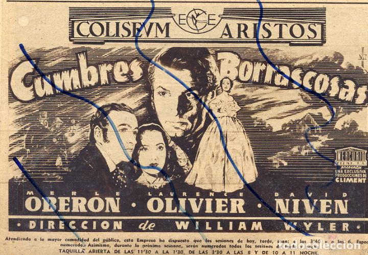 Coleccionismo de revistas y peri&oacute;dicos: CUMBRES BORRASCOSAS 1944 CINE COLISEUM RETAL HOJA REVISTA