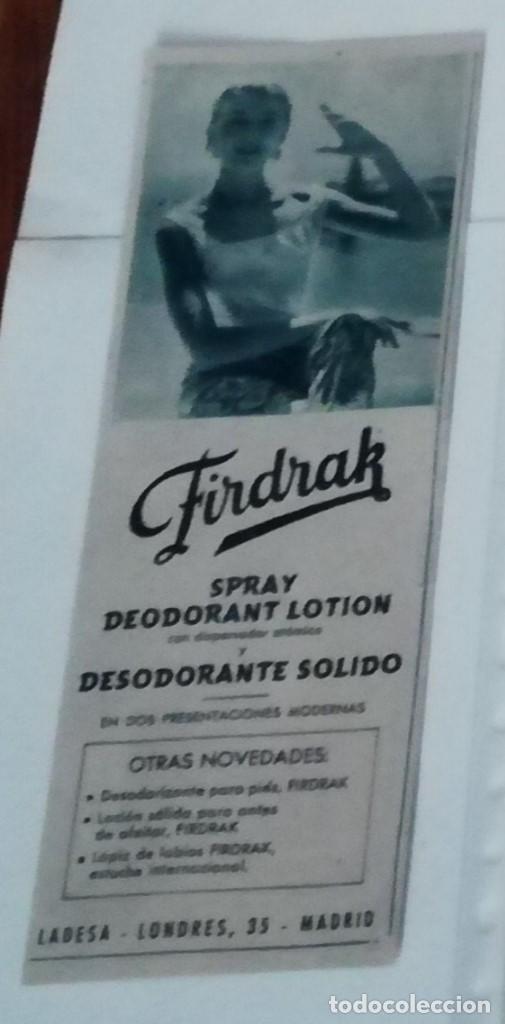 Coleccionismo de Revistas y Peri&oacute;dicos: Anuncio desodorante Firdrak en 1957 en recorte (R3968) media p&aacute;gina del diario ABC de ese a&ntilde;o