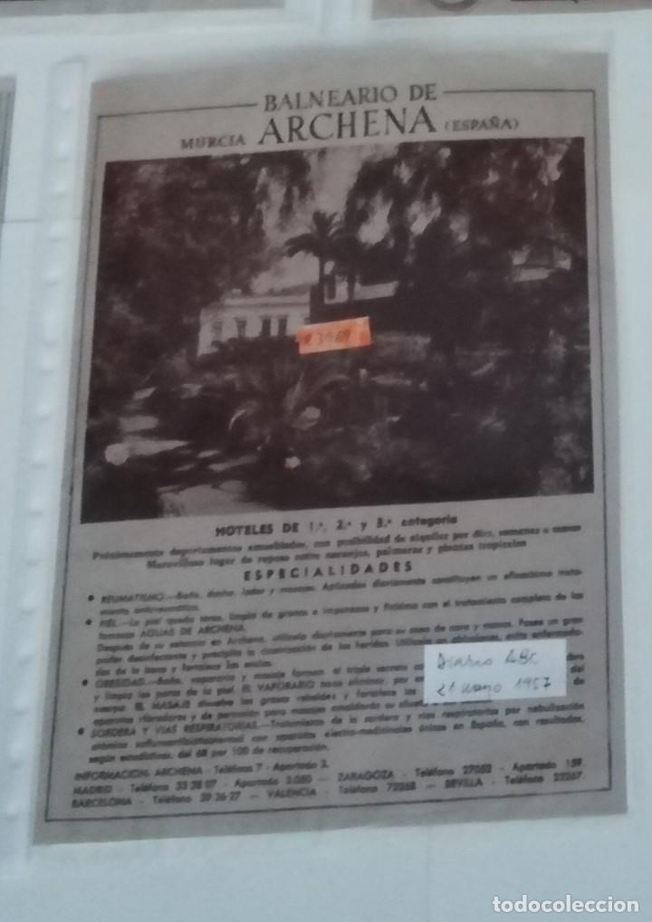 Coleccionismo de Revistas y Peri&oacute;dicos: Anuncio del balneario de Archena, Murcia, en 1957 en recorte (R3969) 1 p&aacute;gina diario ABC de ese a&ntilde;o