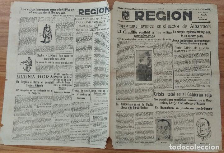 Coleccionismo de Revistas y Peri&oacute;dicos: Diario La Regi&oacute;n Oviedo agosto 1938 Guerra Civil, Albarraci&oacute;n, Segre catalanes, Cer
