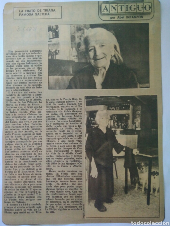 Coleccionismo de Revistas y Peri&oacute;dicos: RECORTE PRENSA ANTIGUA GRAN RECUERDO LA FINITO DE TRIANA FAMOSA Y CONOCIDA SAETERA DE SEVILLA