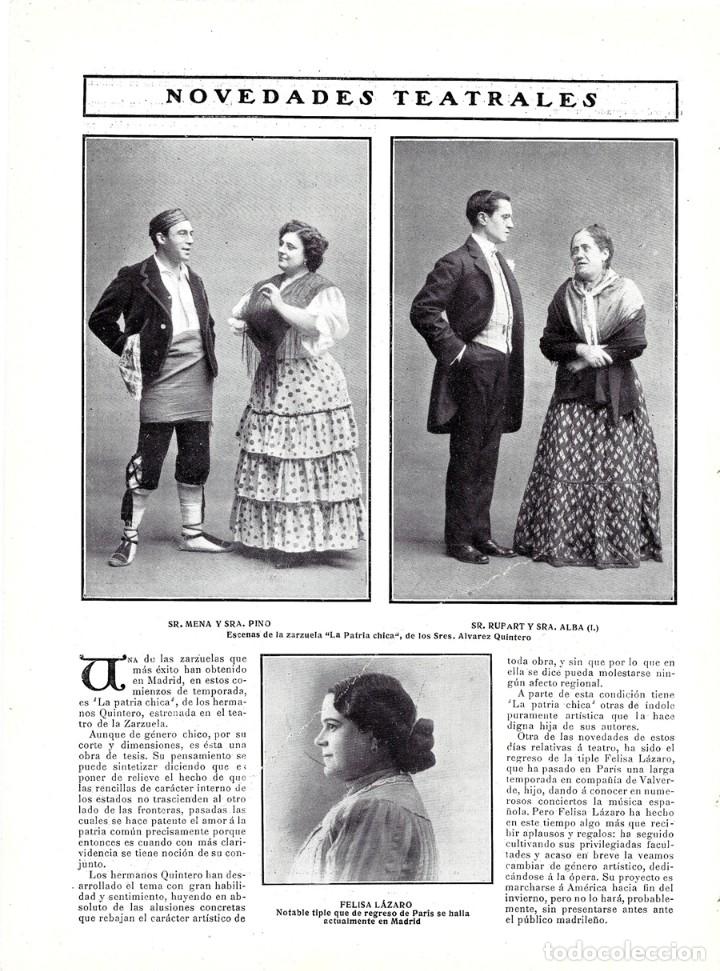 Coleccionismo de revistas y peri&oacute;dicos: 1907 HOJA REVISTA MADRID TEATRO ZARZUELA LA PATRIA CHICA ACTORES MENA PINO RUFART ALBA FELISA L&Aacute;ZARO