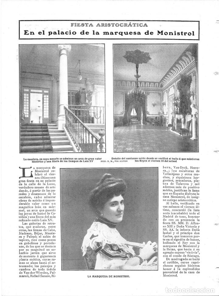 Coleccionismo de revistas y peri&oacute;dicos: 1909 HOJA REVISTA MADRID FIESTA ARISTOCR&Aacute;TICA PALACIO MARQUESA DE MONISTROL CALLE DE LA LUNA SAL&Oacute;N