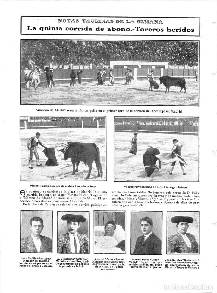 Collezionismo di Riviste e Giornali: 1909 HOJA REVISTA MADRID TOROS TOREROS CORRIDA DE ABONO MORENO DE ALCAL&Aacute; VICENTE PASTOR REGATER&Iacute;N