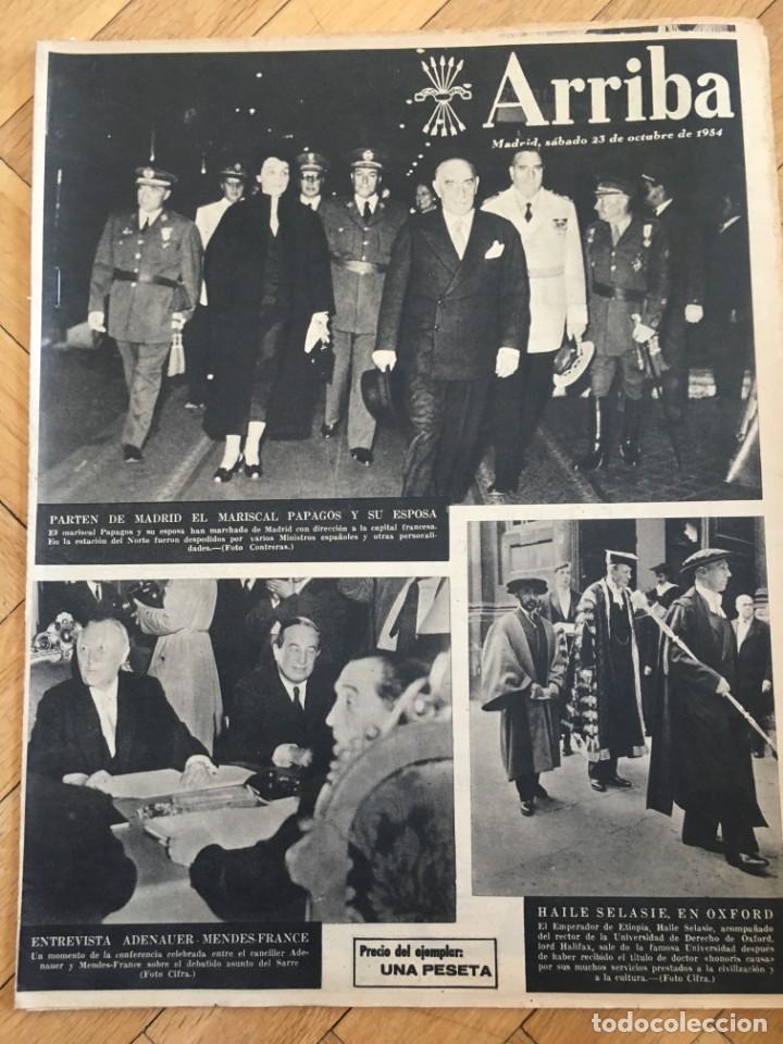 Collezionismo di Riviste e Giornali: ARRIBA (23-10-54) PAPAGOS LANGOSTA EN CANARIAS PEDRES PEDRALBES PREMIO PE&Ntilde;A RHIN SPORT SEPULVEDA