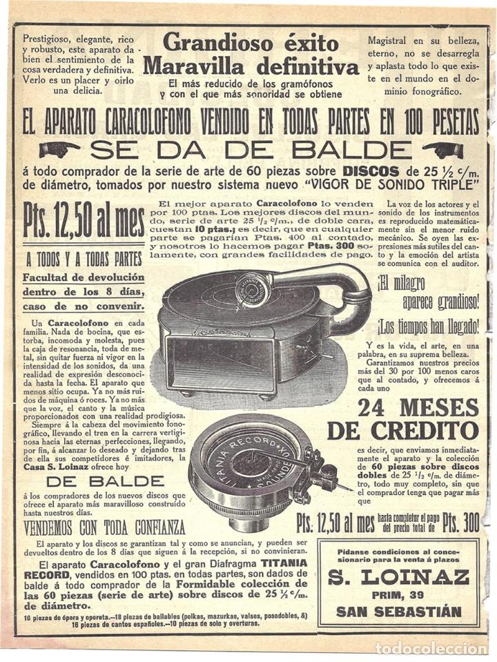 Collectionnisme de Revues et Journaux: 1913 HOJA REVISTA PUBLICIDAD ANUNCIO GRAM&Oacute;FONO CARACOL&Oacute;FONO DIAFRAGMA Y DISCOS A CR&Eacute;DITO S. LOINAZ