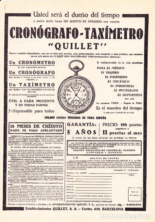 Coleccionismo de Revistas y Peri&oacute;dicos: Publicidad cron&oacute;grafo-tax&iacute;metro QUILLET - 1925