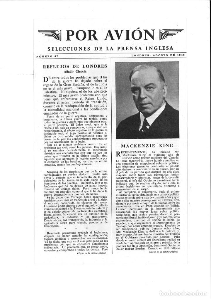 Colecionismo de Revistas e Jornais: POR AVI&Oacute;N. SELECCI&Oacute;N DE LA PRENSA INGLESA. N&Uacute;MERO 67 LONDRES, AGOSTO DE 1946.