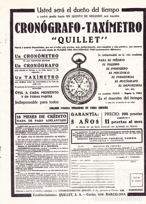 Coleccionismo de Revistas y Peri&oacute;dicos: Publicidad cron&oacute;grafo tax&iacute;metro Quillet - 1925