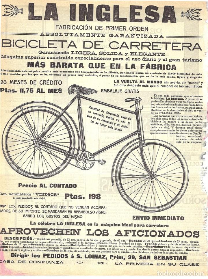 Sammeln von Zeitschriften und Zeitungen: 1914 HOJA REVISTA PUBLICIDAD ANUNCIO BICICLETA CARRETERA LA INGLESA NEUMATICOS VINDSOR. S. LOINAZ