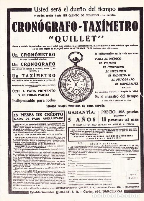 Coleccionismo de Revistas y Peri&oacute;dicos: Publicidad cron&oacute;grafo-tax&iacute;metro QUILLET - 1925