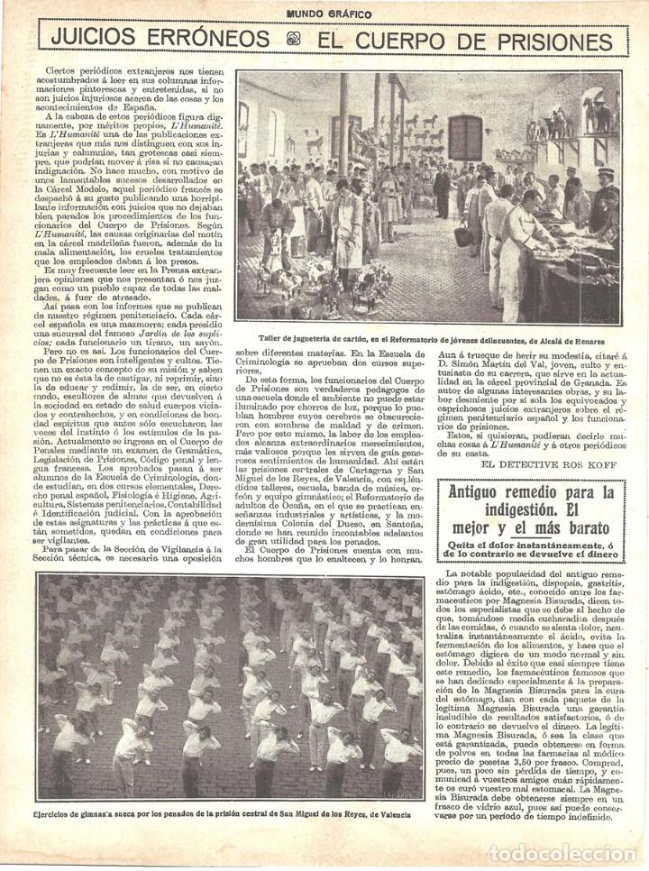Coleccionismo de Revistas y Peri&oacute;dicos: 1917 HOJA CUERPO DE PRISIONES EJERCICIOS GIMNASIA SUECA PRISI&Oacute;N SAN MIGUEL DE LOS REYES VALENCIA