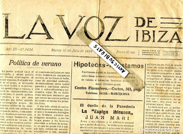 Coleccionismo de revistas y peri&oacute;dicos: PERIODICO LA VOZ DE IBIZA A&Ntilde;O 1934 VAPORES YBARRA CHOCOLATES MERCADAL CARABA&Ntilde;A APA ESPIGA IBICENCA