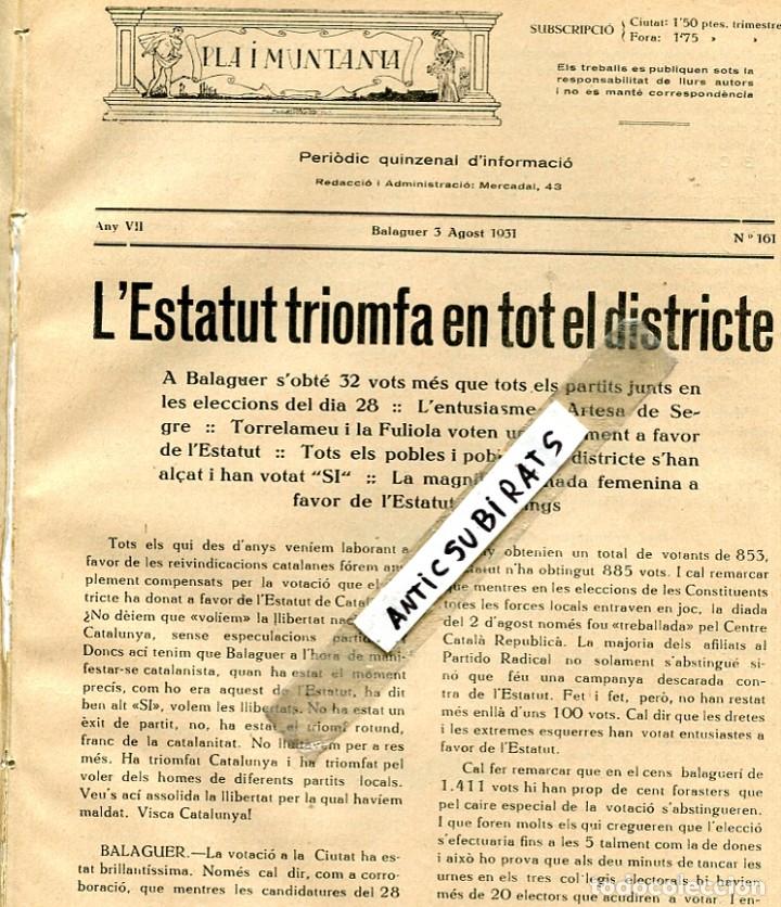 Coleccionismo de revistas y peri&oacute;dicos: PERIODIC ANY 1931 L' ESTATUT DE CATALUNYA TRIOMFA A BALAGUER ARTESA DE SEGRE TORRELAMEU FULIOLA
