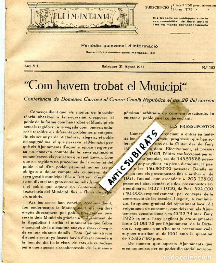 Coleccionismo de revistas y peri&oacute;dicos: PERIODIC ANY 1931 EL FUNCIONAMENT DE BALAGUER DURANT LA DICTADURA CARROVE TEATRE AIGUES INSTITUT
