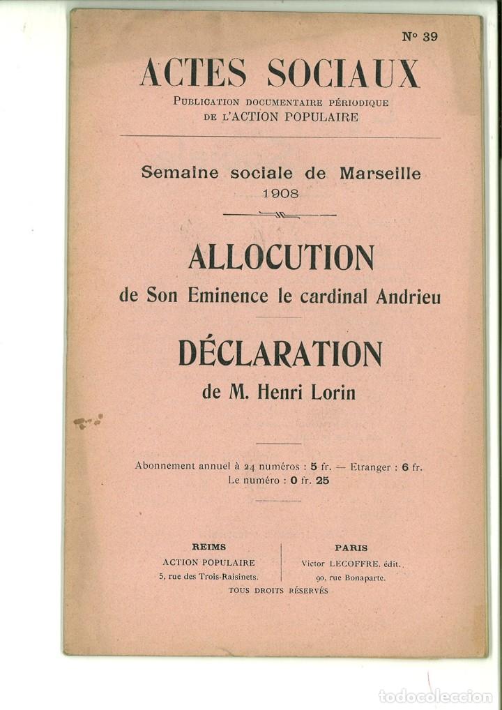 Coleccionismo de revistas y peri&oacute;dicos: SEMAINE SOCIALE DE MARSEILLE 1908. ACTES SOCIAUX N&ordm; 39