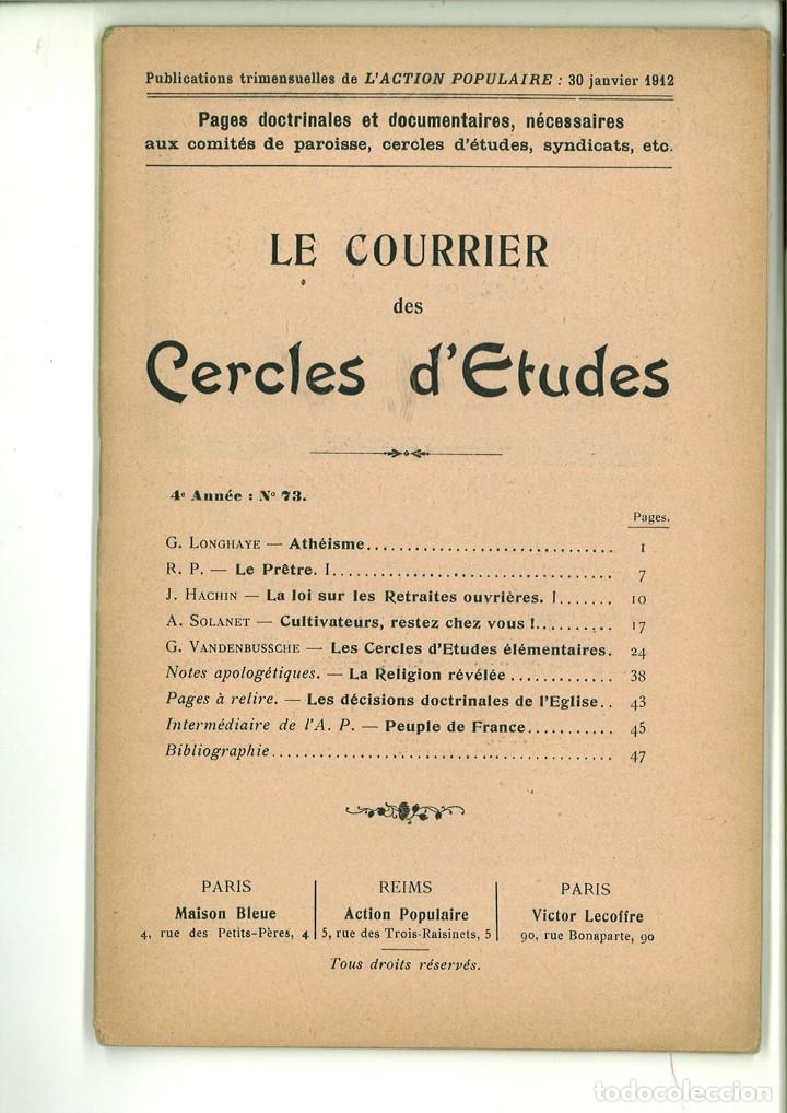 Sammeln von Zeitschriften und Zeitungen: LE COURRIER DES CERCLES D'ETUDES. 4&ordm; ANN&Eacute;E N&ordm;73. 30 JANVIER 1912.