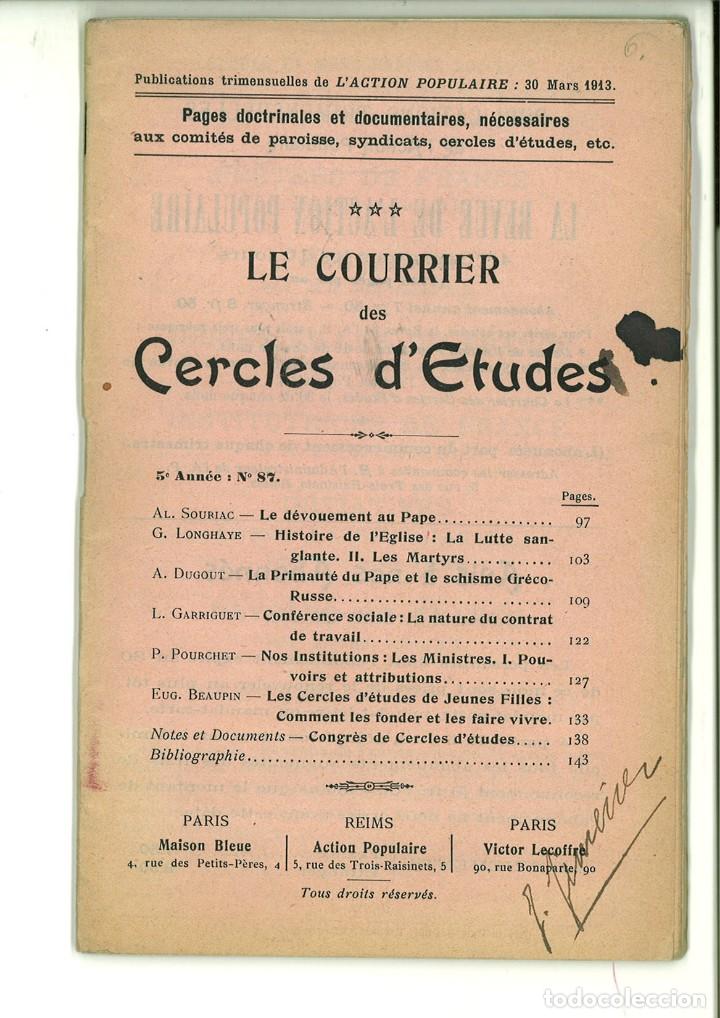 Coleccionismo de Revistas y Peri&oacute;dicos: LE COURRIER DES CERCLES D'ETUDES. 5&ordm; ANN&Eacute;E N&ordm;87. 30 MARS. 1913.
