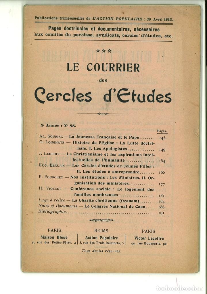 Coleccionismo de revistas y peri&oacute;dicos: LE COURRIER DES CERCLES D'ETUDES. 5&ordm; ANN&Eacute;E N&ordm;88. 30 AVRIL 1913.