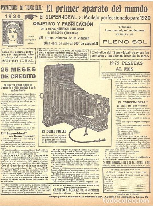 Coleccionismo de revistas y peri&oacute;dicos: 1920 HOJA REVISTA PUBLICIDAD ANUNCIO C&Aacute;MARA FOTOGR&Aacute;FICA SUPER IDEAL HEINRICH ERNEMANN S. LOINAZ