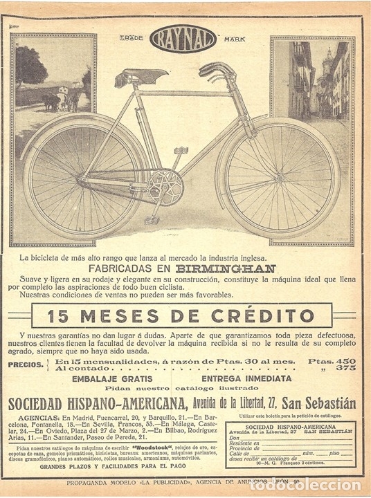 Collectionnisme de Revues et Journaux: 1920 HOJA REVISTA PUBLICIDAD ANUNCIO BICICLETAS INGLESAS RAYNAL SOCIEDAD HISPANO-AMERICANA A PLAZOS