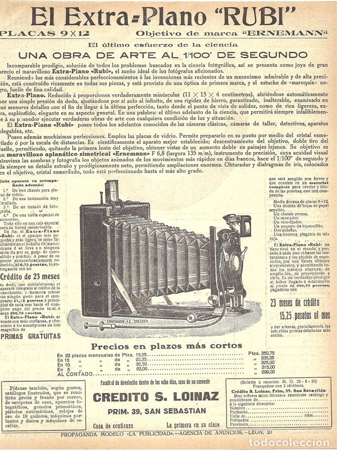Coleccionismo de revistas y peri&oacute;dicos: 1920 HOJA REVISTA PUBLICIDAD ANUNCIO CAMARA FOTOGR&Aacute;FICA EXTRA PLANO RUB&Iacute; OBJETIVO MARCA ERNEMANN