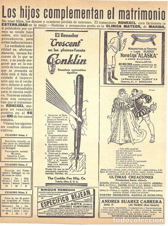 Coleccionismo de Revistas y Peri&oacute;dicos: 1920 HOJA REVISTA PUBLICIDAD ANUNCIOS LLENADOR CRESCENT PLUMAS FUENTE CONKLIN TIRANTES LIGAS ALASKA