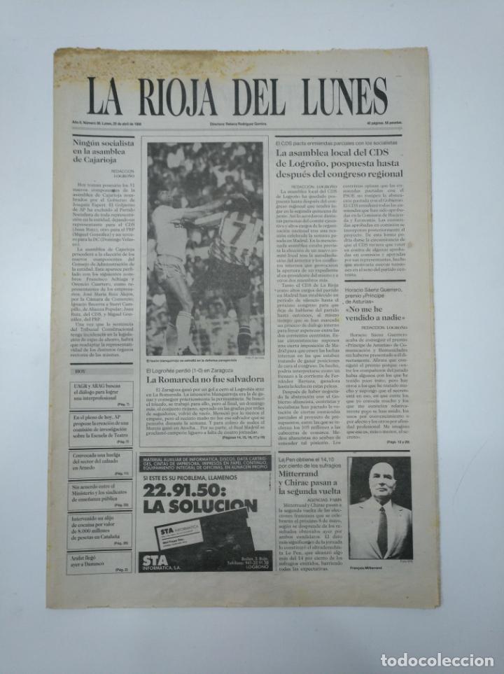 Coleccionismo de revistas y peri&oacute;dicos: LA RIOJA DEL LUNES. N&ordm; 36. A&Ntilde;O II. 25 ABRIL DE 1988. ZARAGOZA 1 LOGRO&Ntilde;ES 0. TDKPR2