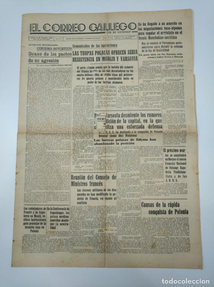 Coleccionismo de revistas y peri&oacute;dicos: EL CORREO GALLEGO. JUEVES 21 SEPTIEMBRE 1939. INVASION DE POLONIA POR LAS FUERZAS NAZIS. TDKPR3