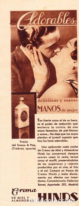 Coleccionismo de revistas y peri&oacute;dicos: Publicidad crema HINDS de miel y almendras - 1933