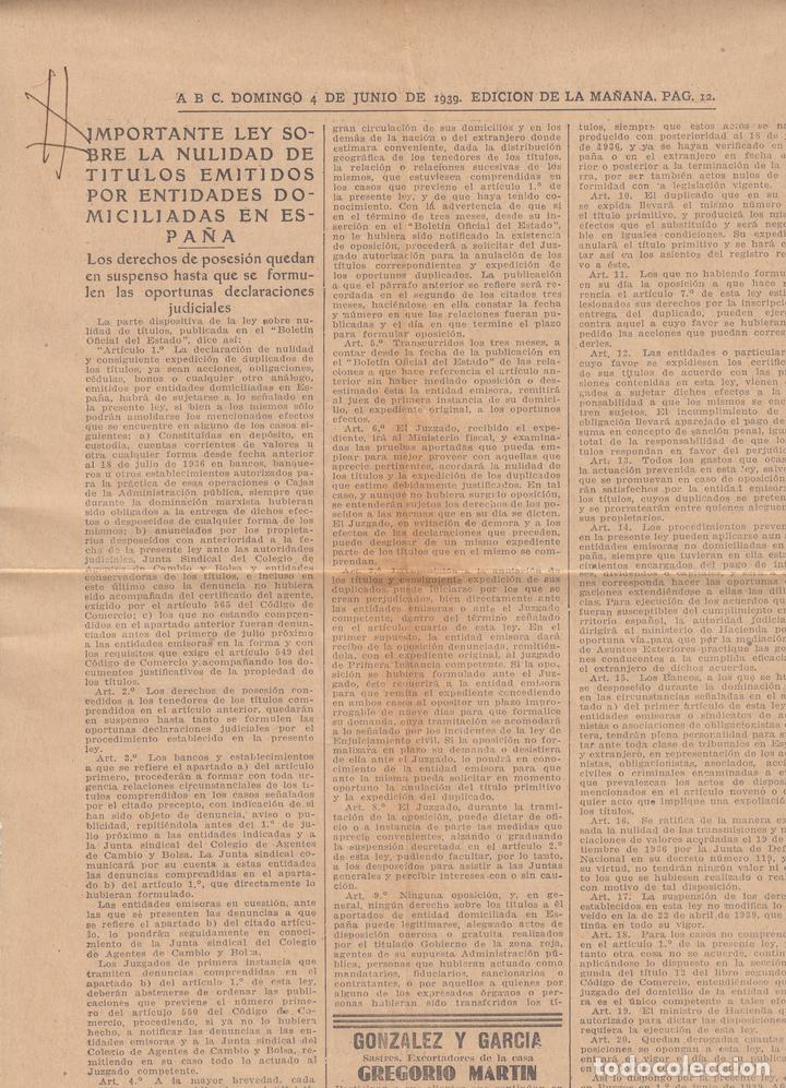 Coleccionismo de Revistas y Peri&oacute;dicos: 1939 ABC LEY NULIDAD TITULOS EMITIDOS ENTIDADES ESPA&Ntilde;OLAS DIVERSAS NOTICIAS SOBRE ALEMANIA E ITALIA