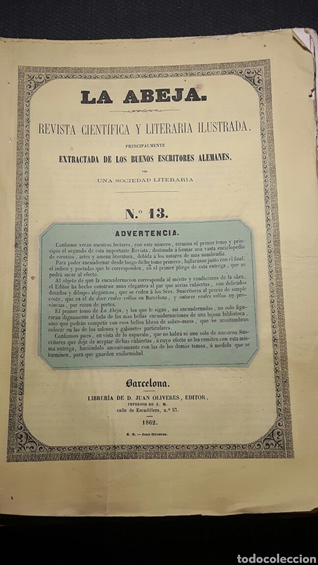 Coleccionismo de Revistas y Peri&oacute;dicos: La Abeja Revista Cient&iacute;fica y Literaria Ilustrada n&deg; 13 a&ntilde;o 1862