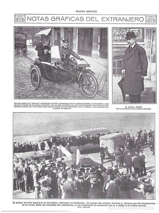 Coleccionismo de Revistas y Peri&oacute;dicos: 1920 HOJA REVISTA FRANCIA SERVICIO DE MOTO TAXI EN SIDECAR - RAOUL PERET PRESIDENTE C&Aacute;MARA FRANCESA