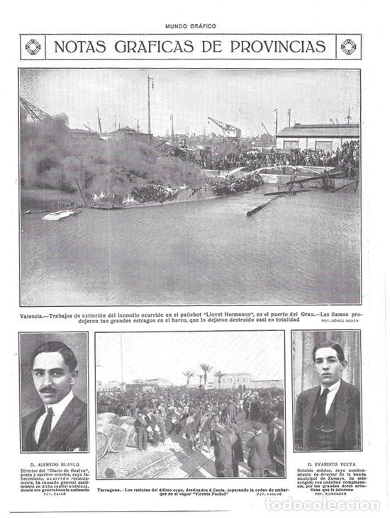 Coleccionismo de Revistas y Peri&oacute;dicos: 1920 HOJA REVISTA VALENCIA PUERTO DEL GRAO INCENDIO PAILEBOT LLOVET HERMANOS BOMBEROS