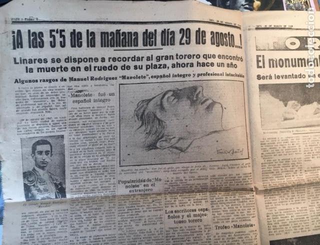 Coleccionismo de revistas y peri&oacute;dicos: P&aacute;gina de Peri&oacute;dico con noticias Muerte Manolete. Ja&eacute;n Agosto 1947