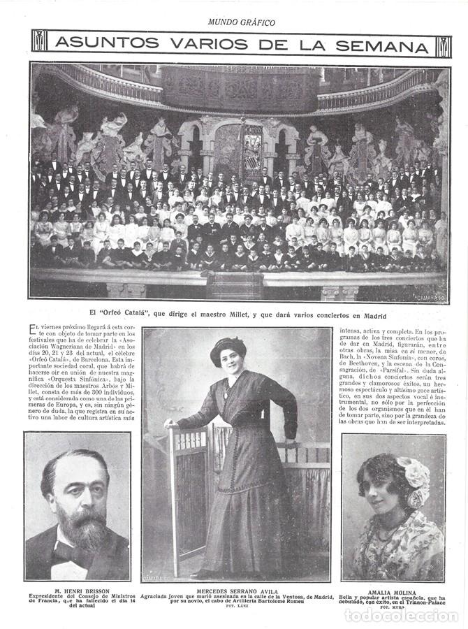 Coleccionismo de revistas y peri&oacute;dicos: 1912 HOJA REVISTA MADRID DEBUT ARTISTA AMALIA MOLINA - MERCEDES SERRANO ASESINADA POR SU NOVIO