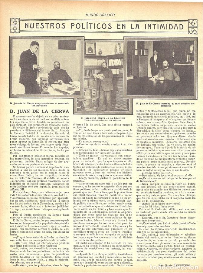Coleccionismo de revistas y peri&oacute;dicos: 1912 HOJA REVISTA POL&Iacute;TICOS EN LA INTIMIDAD MINISTRO JUAN DE LA CIERVA SECRETARIO SR. REVENT&Oacute;S