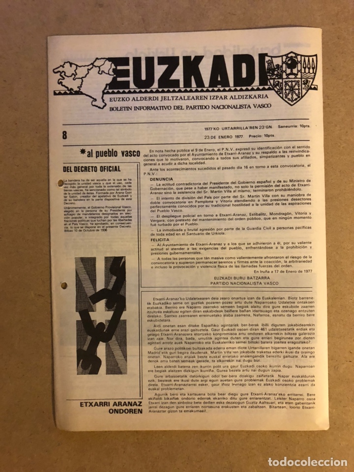 Collectionnisme de Revues et Journaux: EUZKADI N&deg;8 (23/1/1977). BOLET&Iacute;N INFORMATIVO DEL PARTIDO NACIONALISTA VASCO (PNV). POL&Iacute;TICA VASCA TR