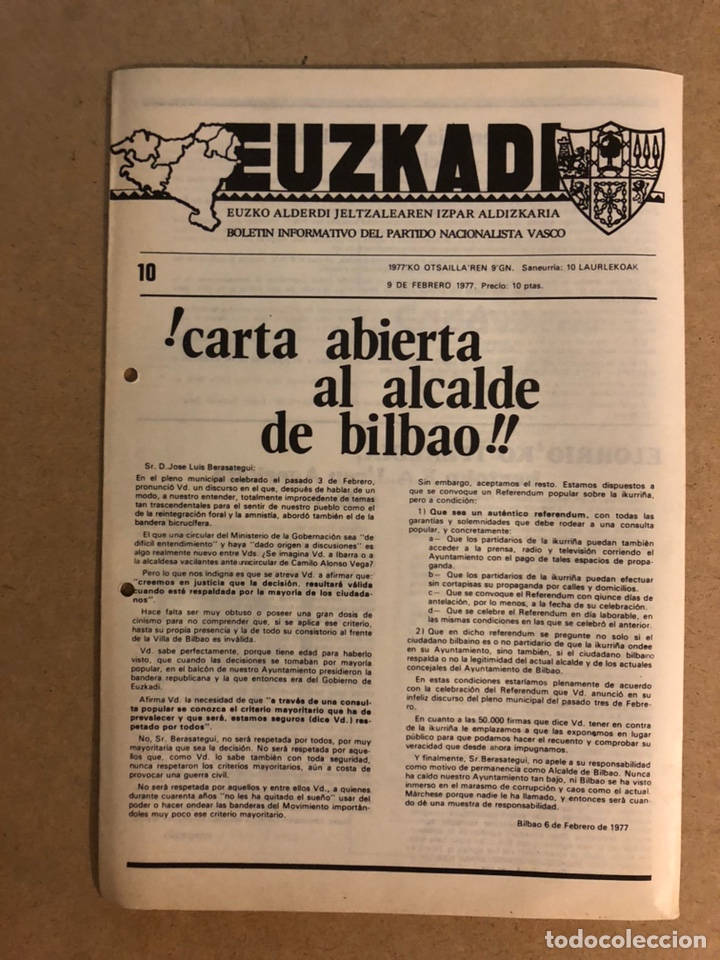 Colecionismo de Revistas e Jornais: EUZKADI N&deg;10 (9/2/1977). BOLET&Iacute;N INFORMATIVO DEL PARTIDO NACIONALISTA VASCO (PNV). POL&Iacute;TICA VASCA TR