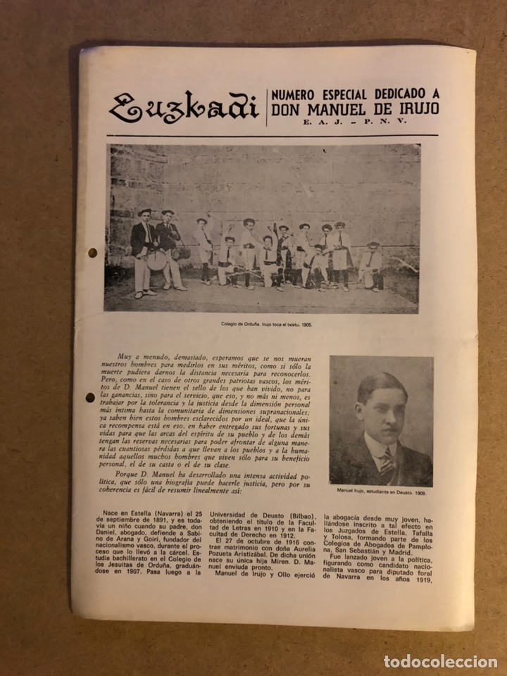 Sammeln von Zeitschriften und Zeitungen: EUZKADI, N&Uacute;MERO ESPECIAL DEDICADO A DON MANUEL DE IRUJO. REVISTA PNV.