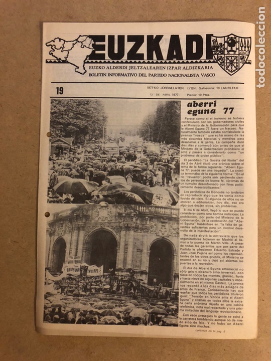 Collection Magazines and Newspapers: EUZKADI N&deg;19 (13/4/1977). BOLET&Iacute;N INFORMATIVO DEL PARTIDO NACIONALISTA VASCO (PNV). ABERRI EGUNA 77