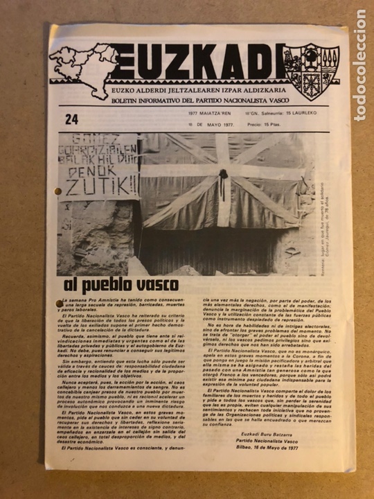 Coleccionismo de Revistas y Peri&oacute;dicos: EUZKADI N&deg;24 (18/5/1977). BOLET&Iacute;N INFORMATIVO DEL PARTIDO NACIONALISTA VASCO (PNV). SEMANA AMNIST&Iacute;A