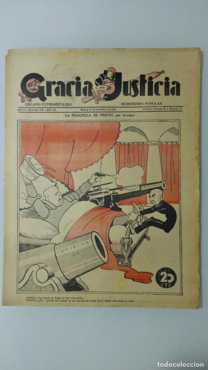 Collezionismo di Riviste e Giornali: ANTIGUO PERIODICO, GRACIA Y JUSTICIA, A&Ntilde;O 1933, N&ordm; 99, 16 PAGINAS, ORGANO EXTREMISTA DEL HUMORISMO