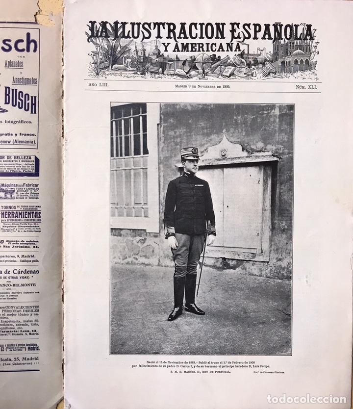 Coleccionismo de Revistas y Peri&oacute;dicos: Ilustrac esp y amer 1909. Rey Portugal Dirigible espa&ntilde;ol. Clept&oacute;grafo. Obispo Barcelona. Teatro Real