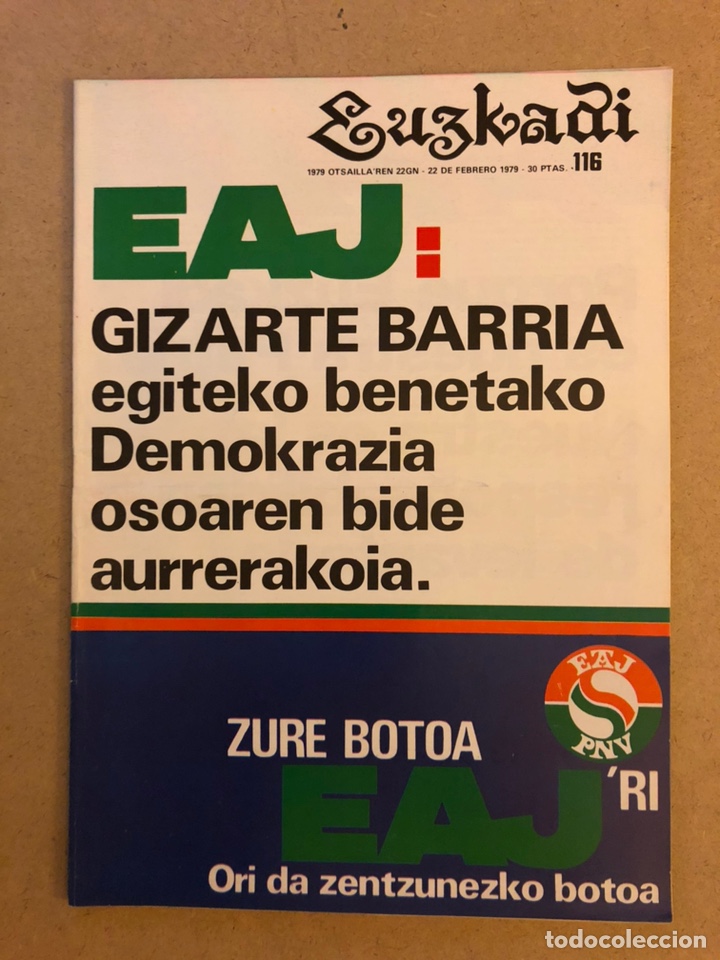 Collection Magazines and Newspapers: EUZKADI N&deg;116 (1979). BOLET&Iacute;N INFORMATIVO DEL PARTIDO NACIONALISTA VASCO. ELECCIONES,...