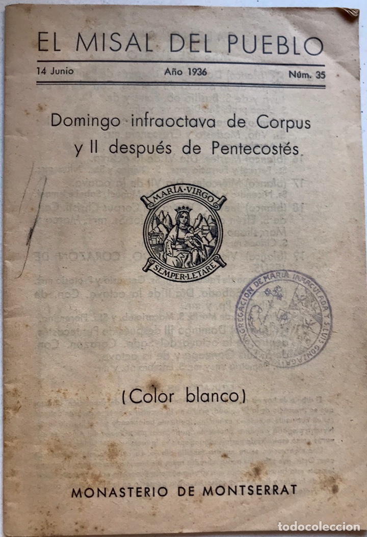 Coleccionismo de Revistas y Peri&oacute;dicos: El misal del pueblo. Montserrat 14 Junio 1936. Sello Congregacion Mallorca