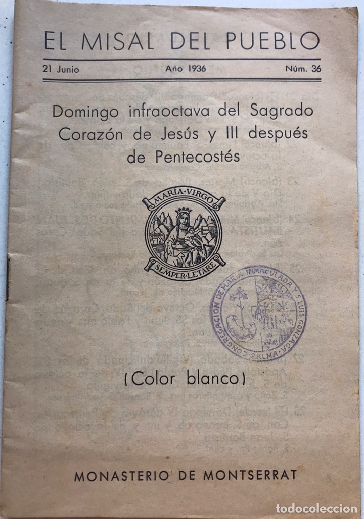 Coleccionismo de Revistas y Peri&oacute;dicos: El misal del pueblo. Montserrat 21 Junio 1936. Sello Congregacion Mallorca