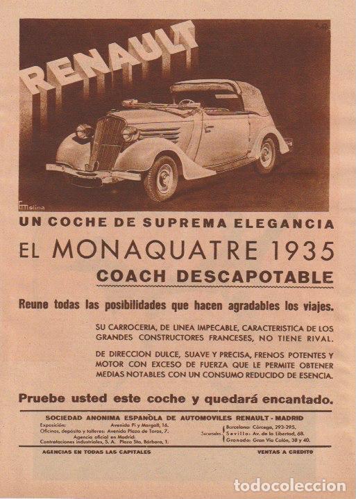 Coleccionismo de Revistas y Peri&oacute;dicos: Publicidad autom&oacute;vil, coches: Monaquatre 1935 de Renault - 1935