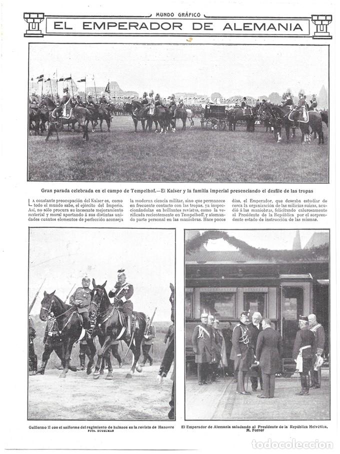 Collezionismo di Riviste e Giornali: 1912 HOJA REVIST ALEMANIA PARADA CABALLER&Iacute;A MILITAR EN TEMPELHOF KAISER GUILLERMO II HULANOS CABALLO