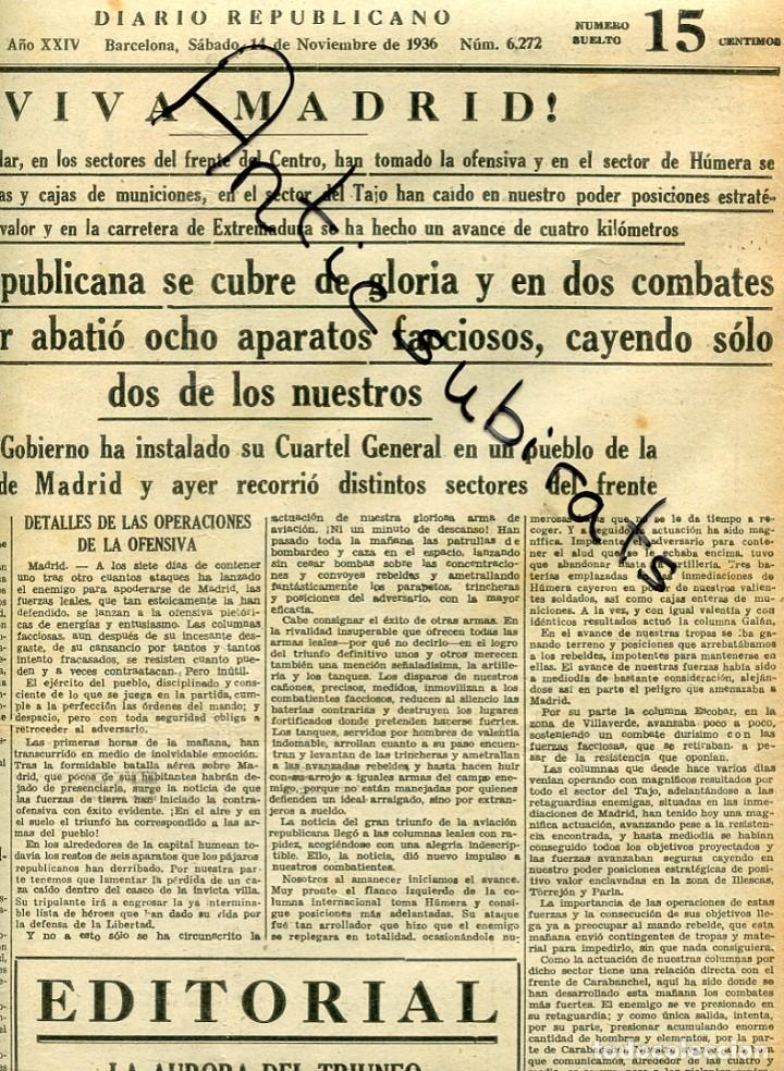Colecionismo de Revistas e Jornais: EL DIA GRAFICO GUERRA CIVIL 14-11-1936 HUMERA TUSSO RELATADO DE UNA GRAN BATALLA AEREA AVIACION REPU